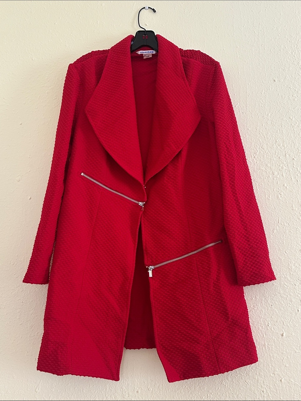 Red Textured Open-Front Coat with Zip Pockets EUC